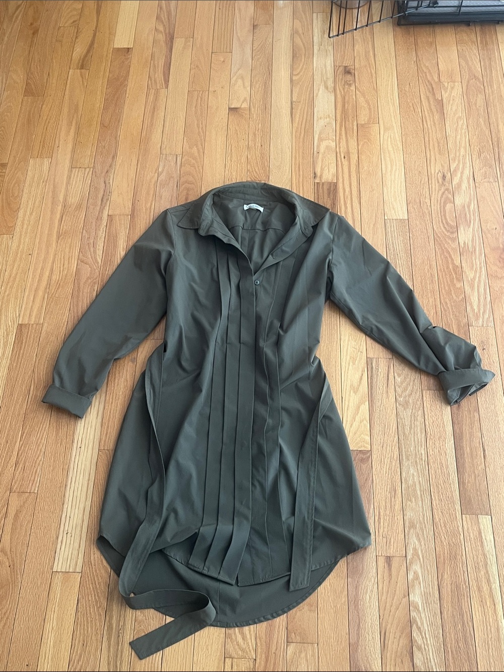 Calvin Klein Olive Green Long Sleeve Pleated Shirt Dress